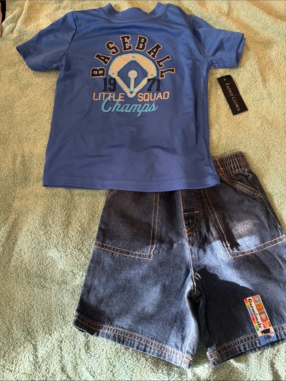 NWT Faded Glory Blue Champs' Baseball Tee & Garanimal jean shorts 24 months